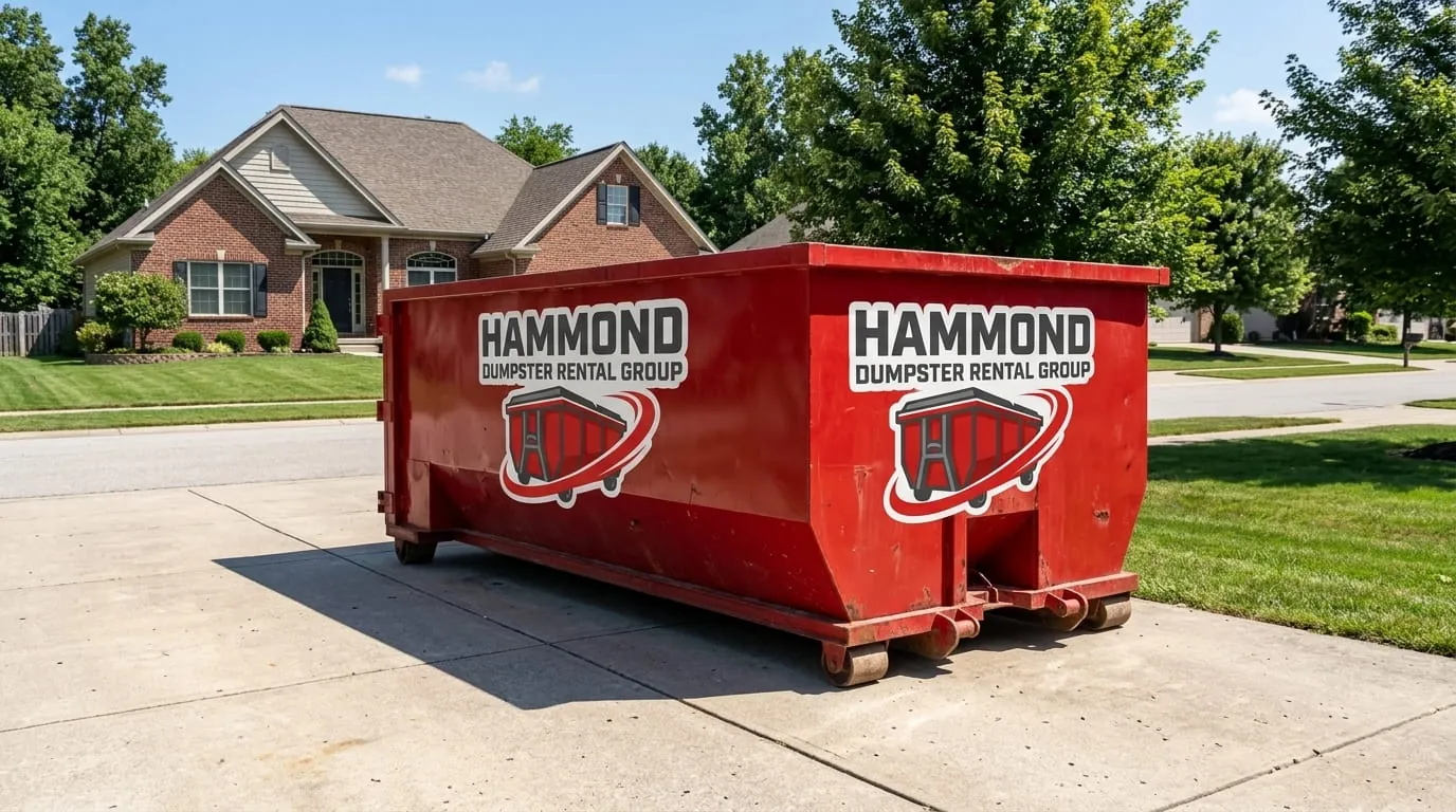 Roll-off dumpster placed on a private driveway in Hammond, Louisiana