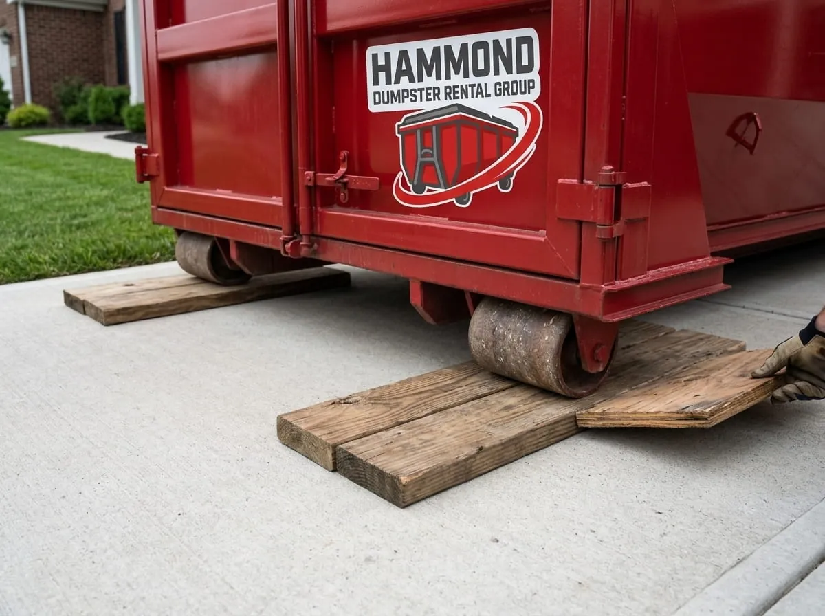 Red roll-off dumpster in service on a job site in Hammond, LA Red roll-off dumpster in service on a job site in Hammond, LA