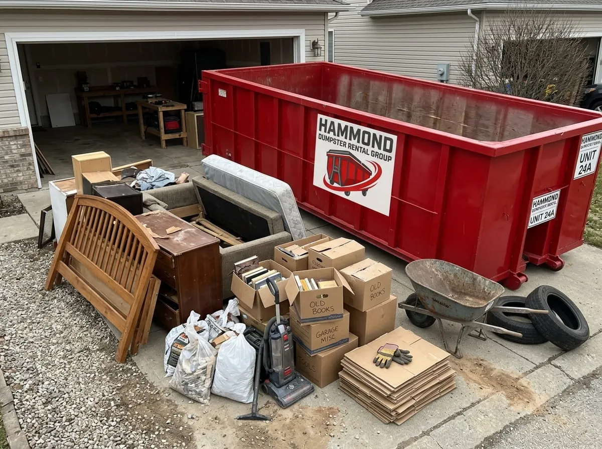Household junk and furniture loaded into a red roll-off dumpster in Hammond, Louisiana Household junk and furniture loaded into a red roll-off dumpster in Hammond, Louisiana