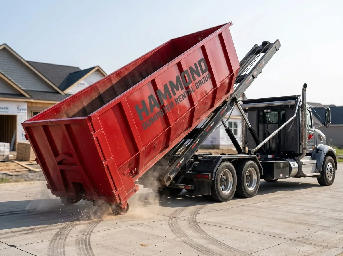 Roll-off truck lowering a red dumpster into position on a Hammond property